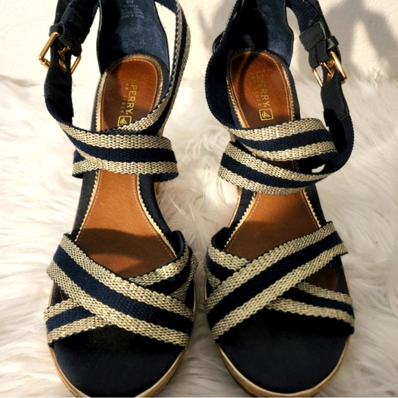 Sperry Harborside Wedge Espadrille peek toes blue/gold sz 7.5 - Picture 1 of 10